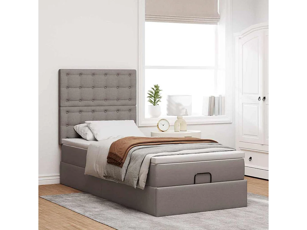 Cadre de lit ottoman avec matelas taupe 80x200 cm tissu