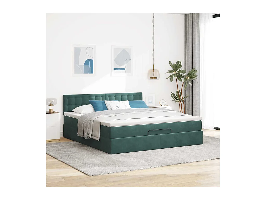 Cadre de lit ottoman avec matelas vert foncé 180x200 cm velours