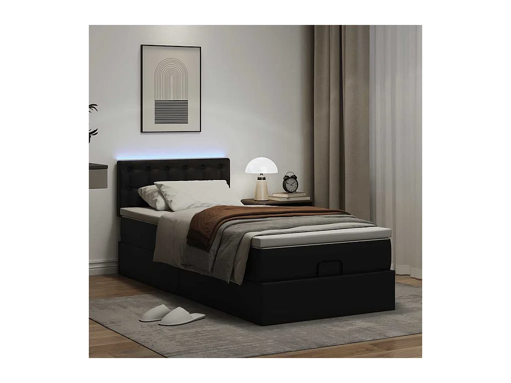 Estructura cama otomana colchón cuero sintético negro 90x200 cm