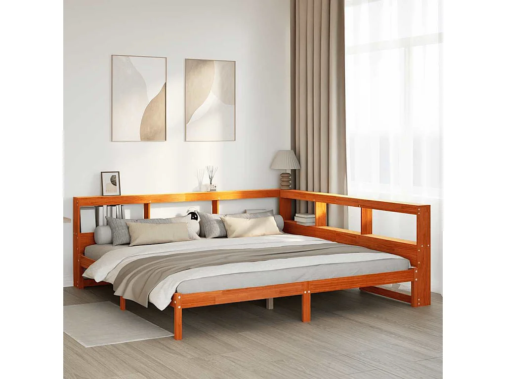 Lit bibliothèque sans matelas cire marron 200x200 cm pin massif