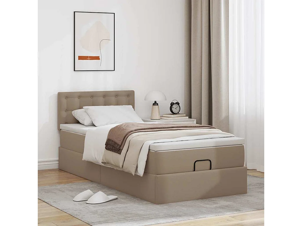 Cadre de lit ottoman et matelas cappuccino 90x190 cm similicuir