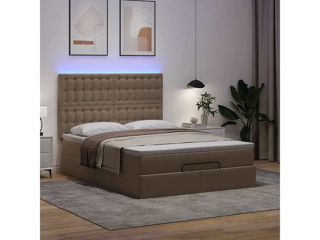 Cadre de lit ottoman et matelas cappuccino 140x190cm similicuir
