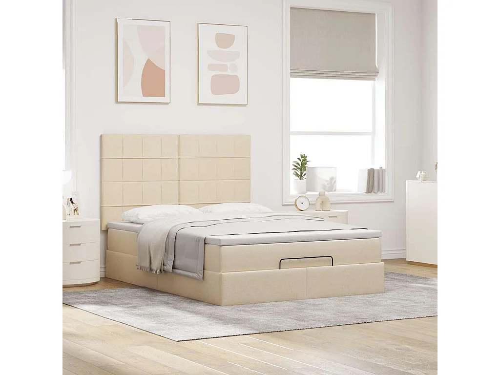 Estructura de cama otomana con colchón tela crema 140x200cm