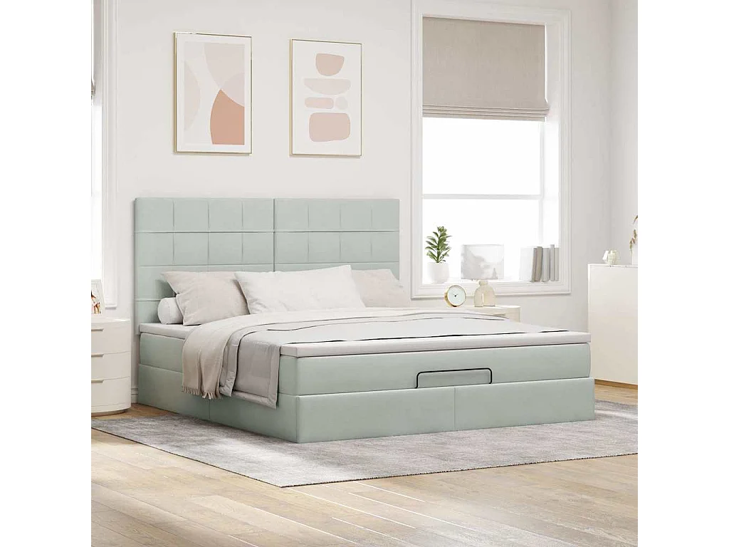 Estrutura cama otomana colchões 160x200cm veludo cinzento claro