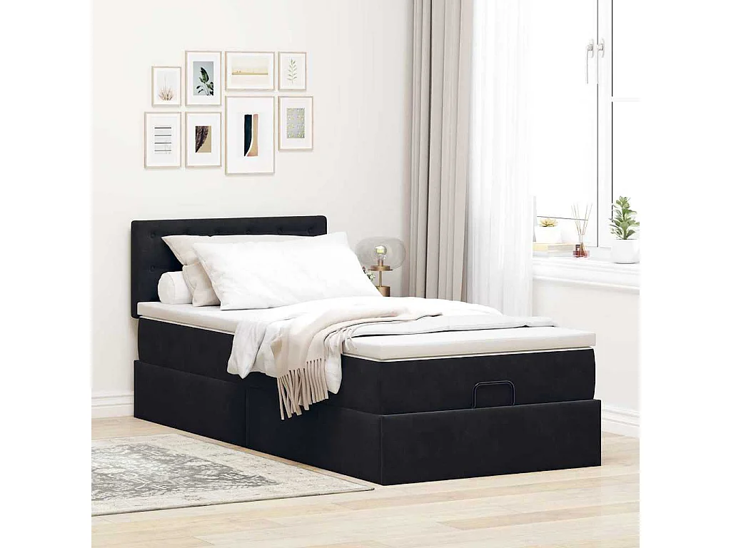 Cadre de lit ottoman avec matelas noir 90x200 cm velours