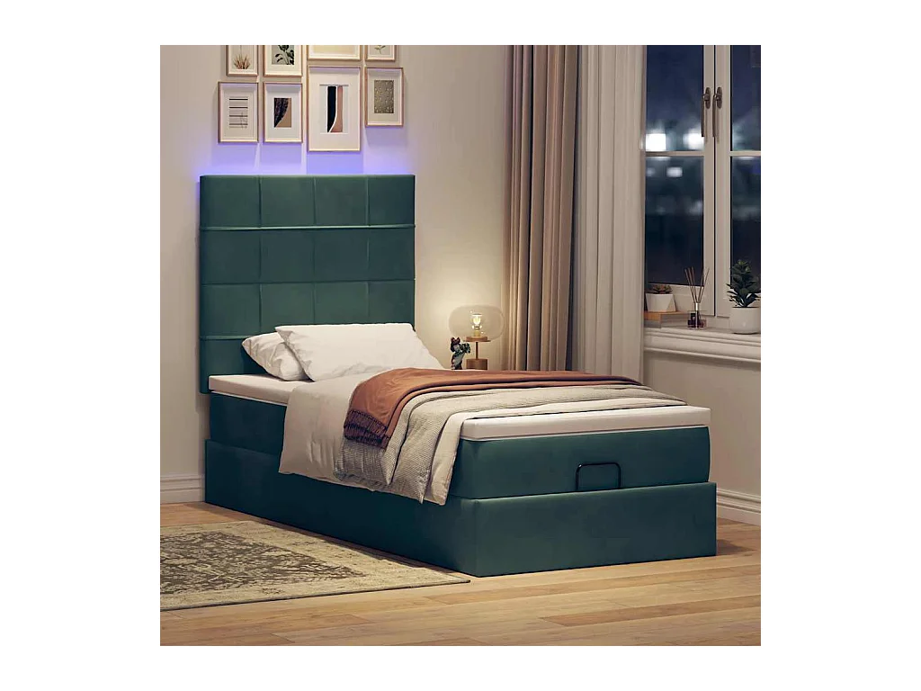 Estructura cama otomana colchones terciopelo verde oscuro