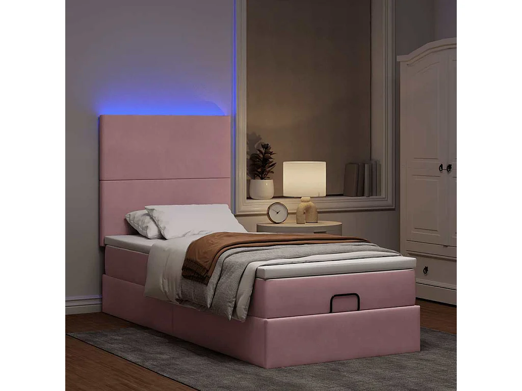 Cadre de lit ottoman avec matelas rose 90x190 cm velours