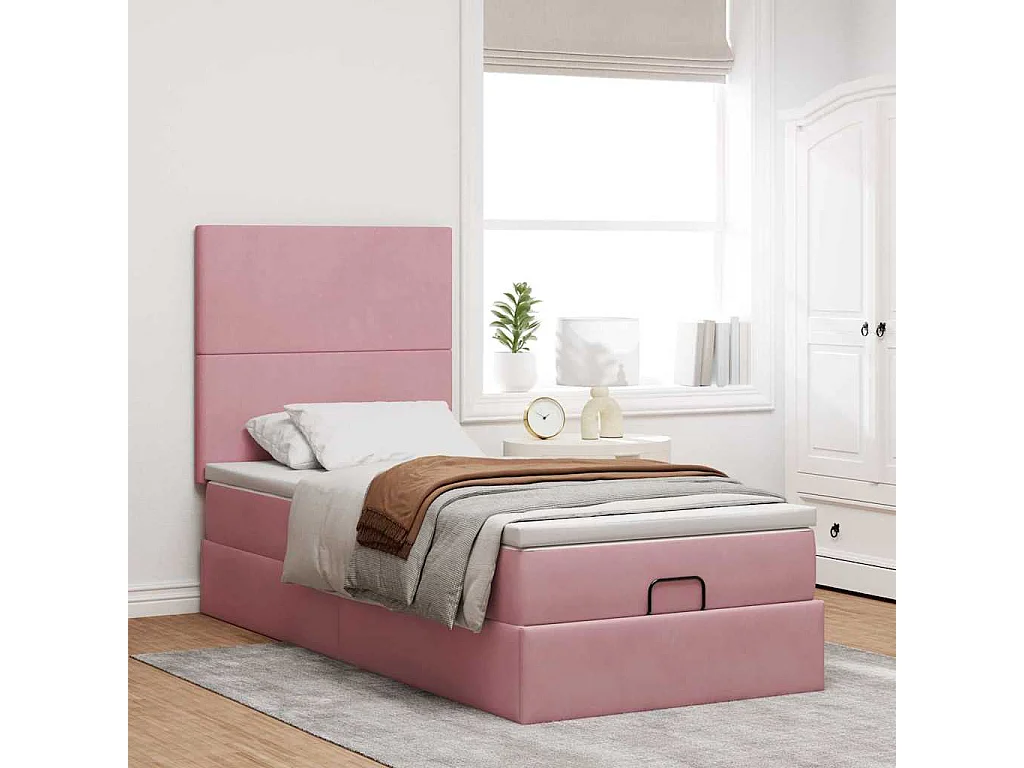 Cadre de lit ottoman avec matelas rose 90x190 cm velours