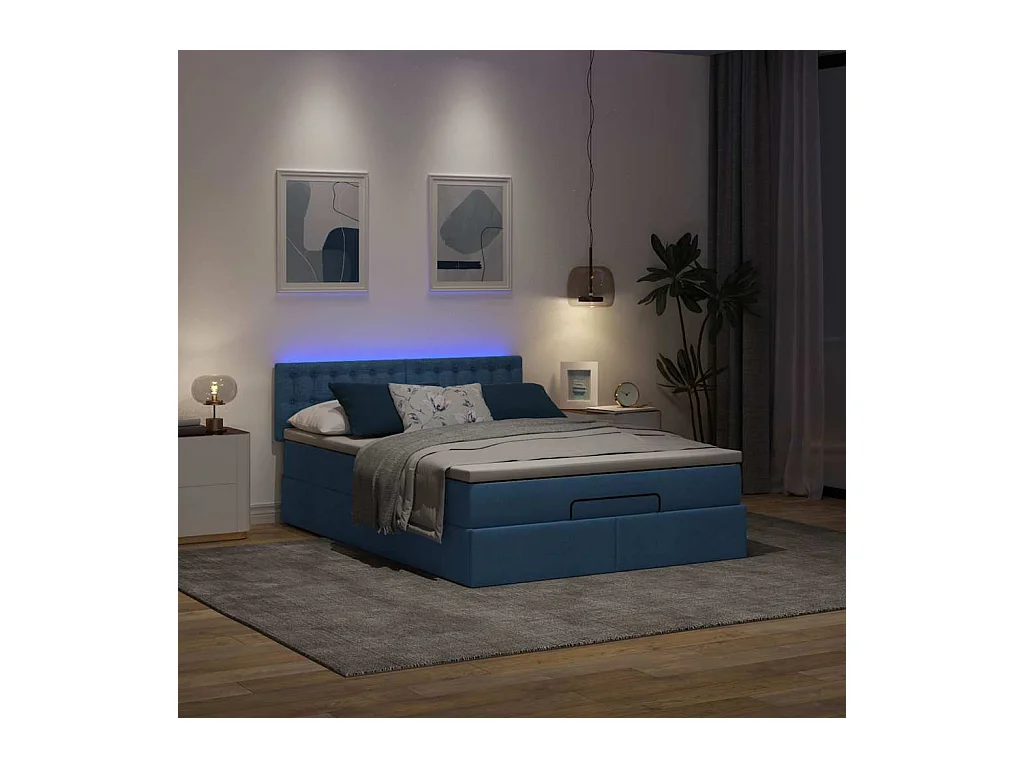 Cadre de lit ottoman avec matelas bleu 140x200 cm tissu
