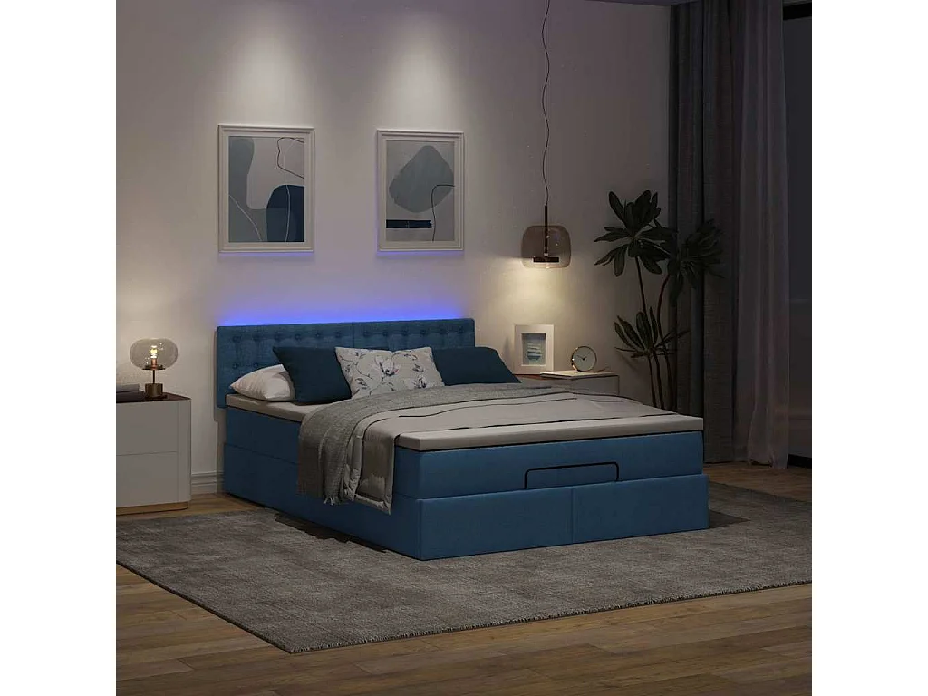 Cadre de lit ottoman avec matelas bleu 140x200 cm tissu