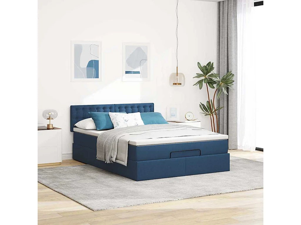 Cadre de lit ottoman avec matelas bleu 140x200 cm tissu