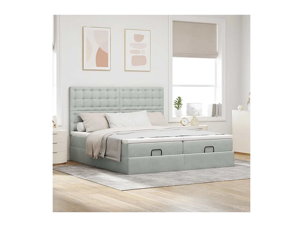 Estrutura cama otomana colchões 160x200cm veludo cinzento claro