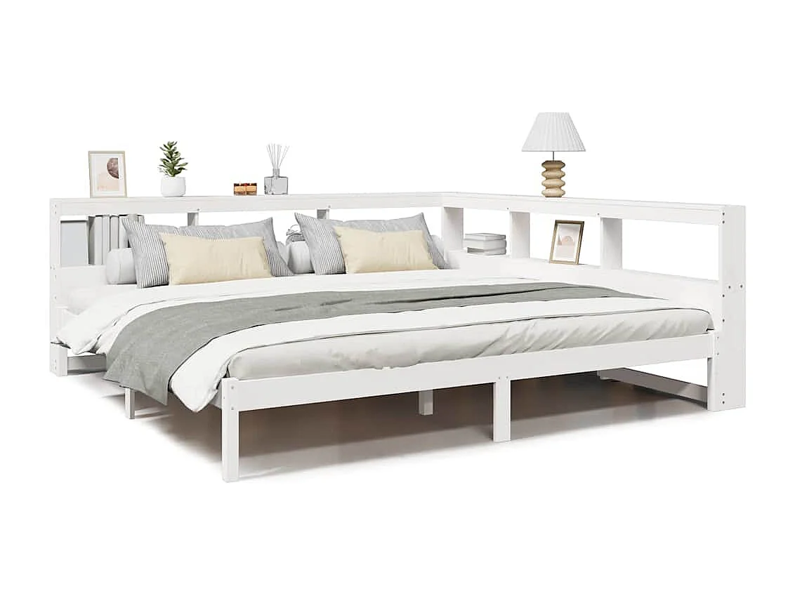 Lit bibliothèque sans matelas blanc 200x200 cm bois pin massif