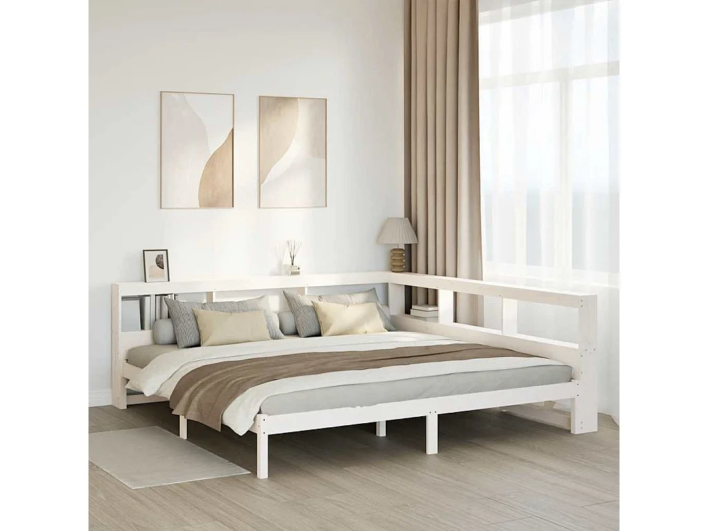 Lit bibliothèque sans matelas blanc 200x200 cm bois pin massif