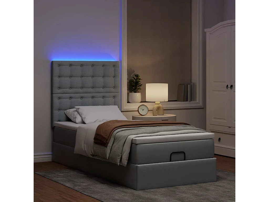 Cadre de lit ottoman et matelas gris clair 90x200 cm tissu