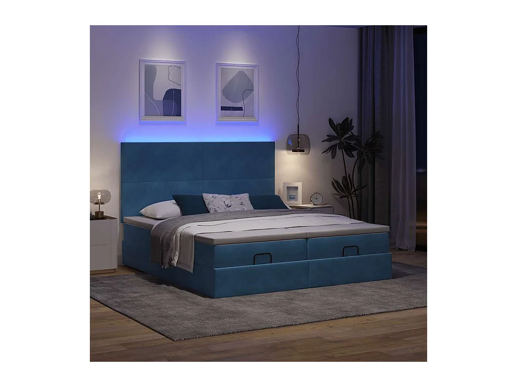 Cadre de lit ottoman avec matelas bleu foncé 180x200 cm velours