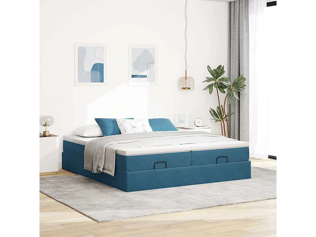 Cadre de lit ottoman avec matelas bleu foncé 160x200 cm velours