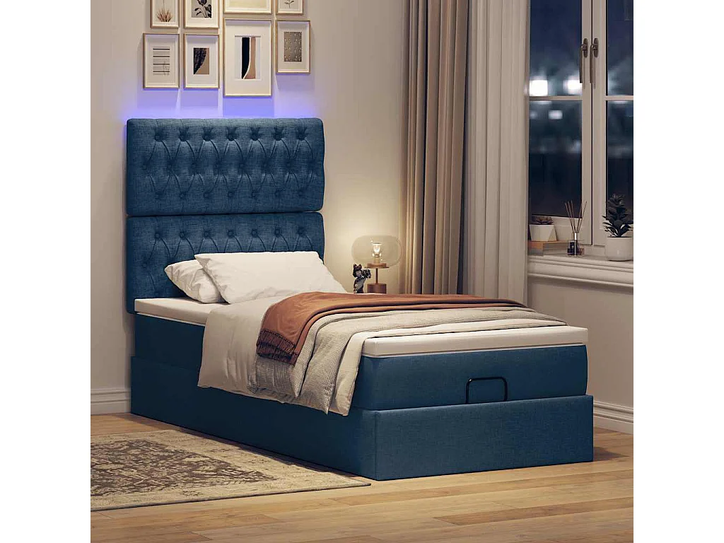 Ottoman bed met matras en LED's 90x190cm stof blauw