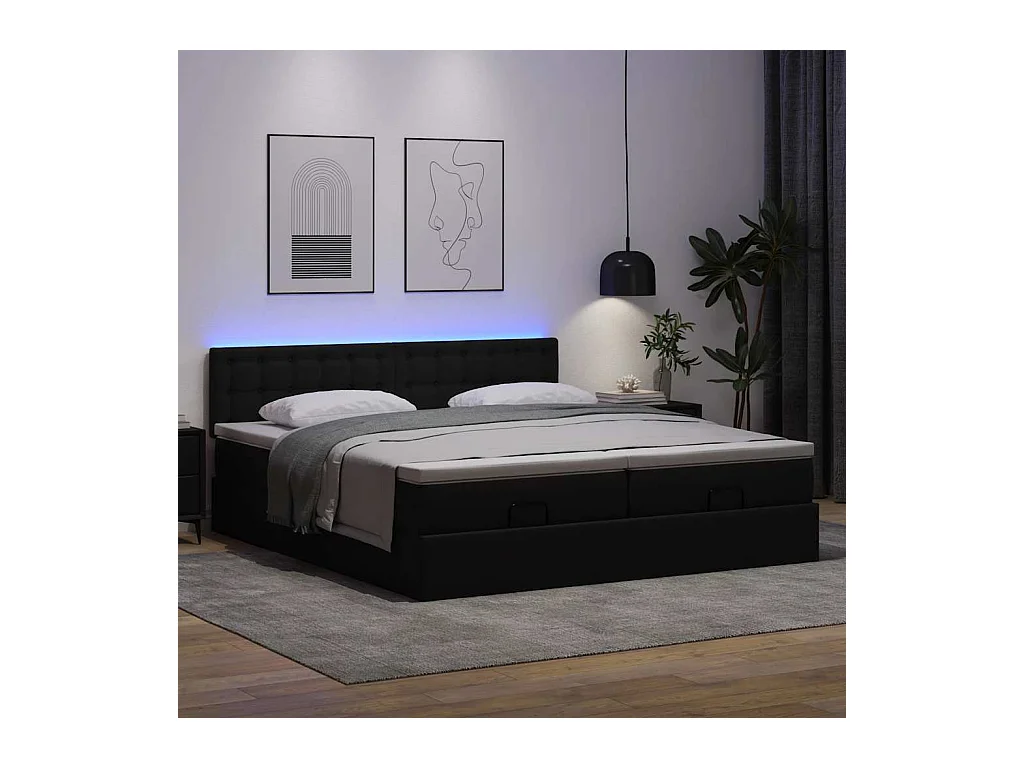 Estrutura de cama otomana com colchões pele artificial preta