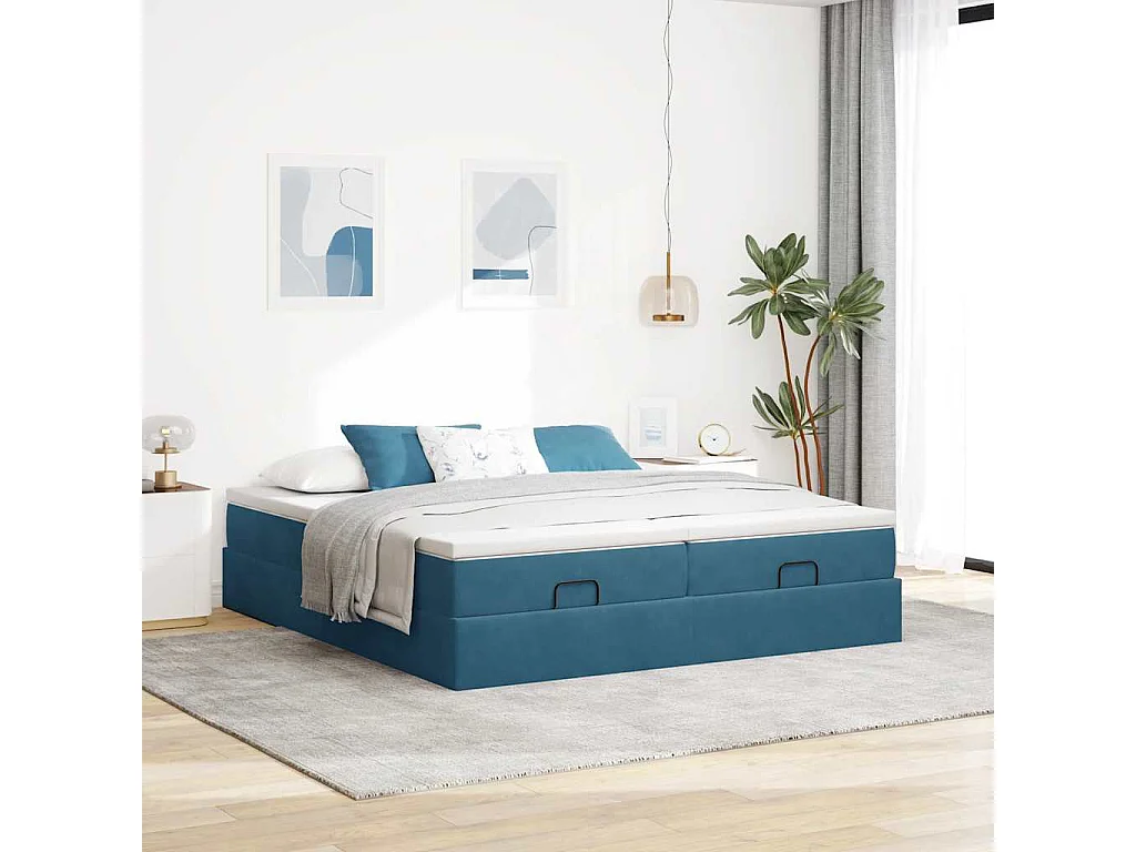 Cadre de lit ottoman avec matelas bleu foncé 200x200 cm velours