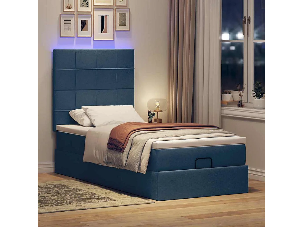 Cadre de lit ottoman avec matelas bleu 90x190 cm tissu