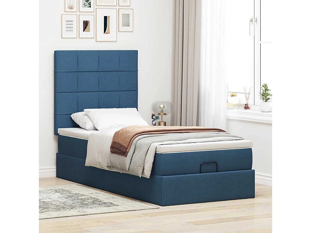 Cadre de lit ottoman avec matelas bleu 90x190 cm tissu
