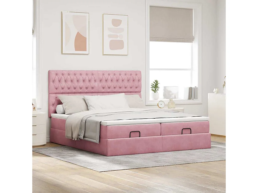 Cadre de lit ottoman avec matelas rose 160x200 cm velours