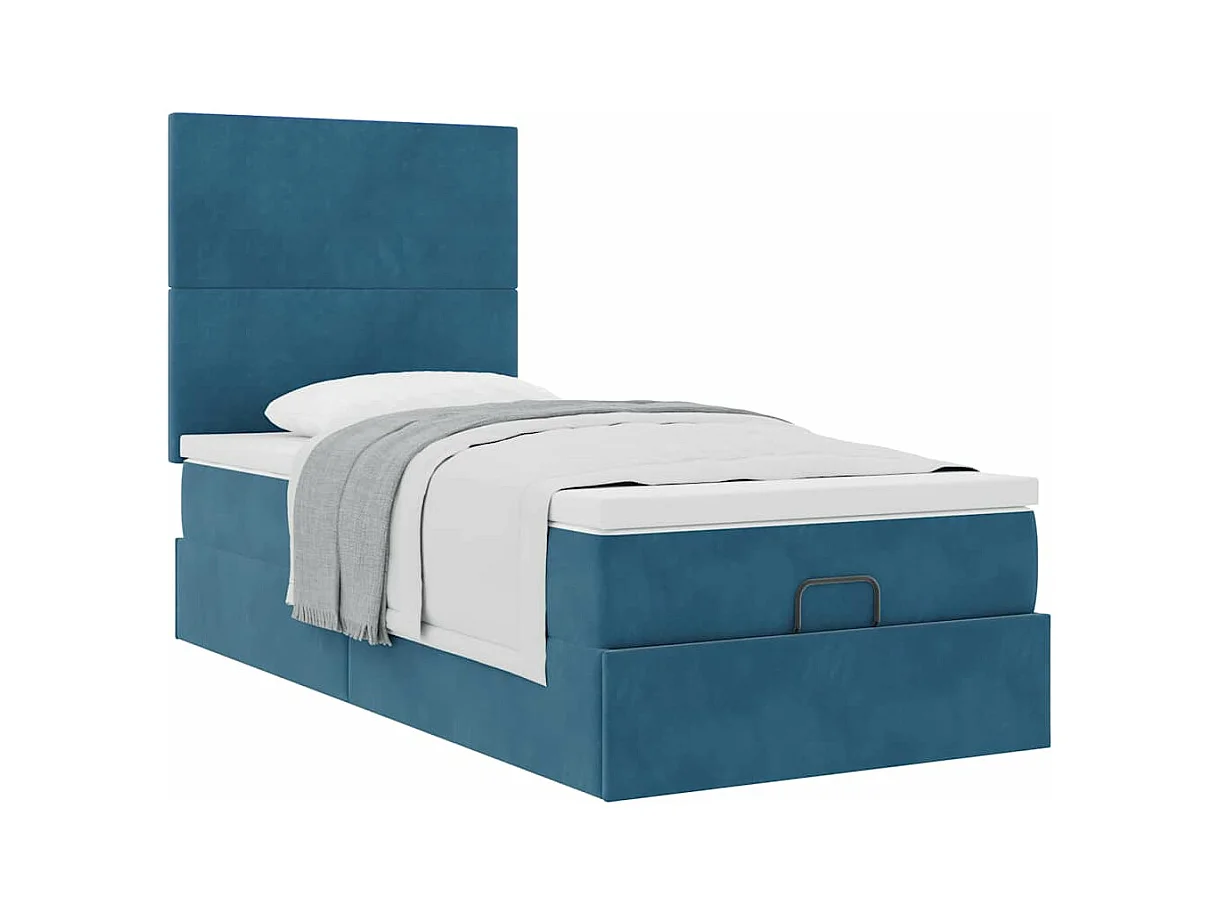 Cadre de lit ottoman avec matelas bleu foncé 90x200 cm velours