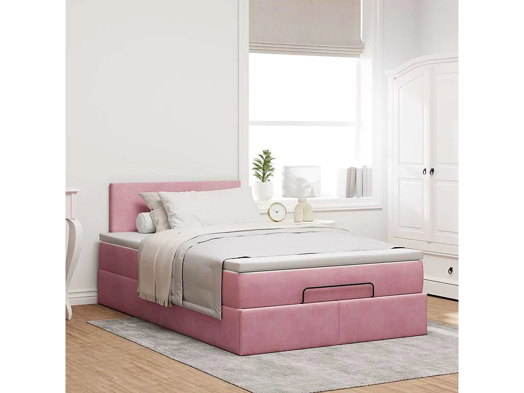 Estructura de cama otomana colchón terciopelo rosa 120x200cm