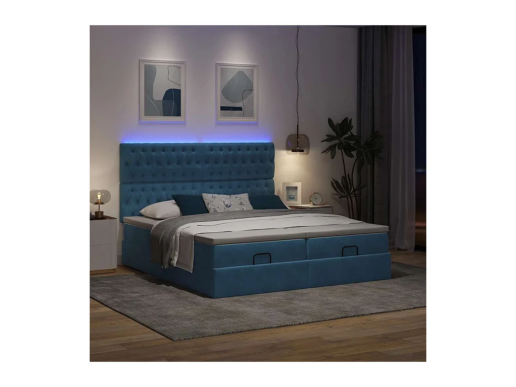 Cadre de lit ottoman avec matelas bleu foncé 180x200 cm velours