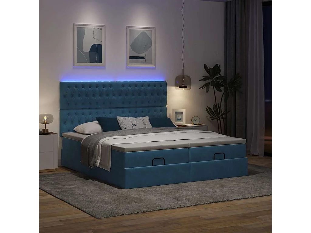 Cadre de lit ottoman avec matelas bleu foncé 180x200 cm velours