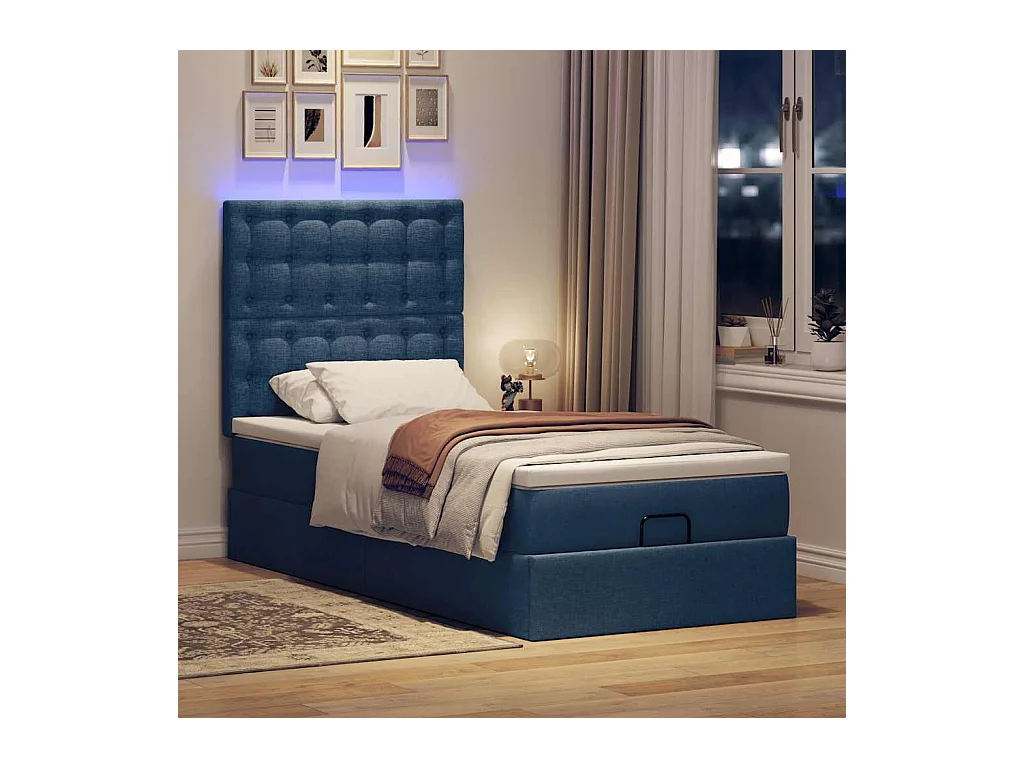 Estructura de cama otomana con colchón tela azul 90x200 cm