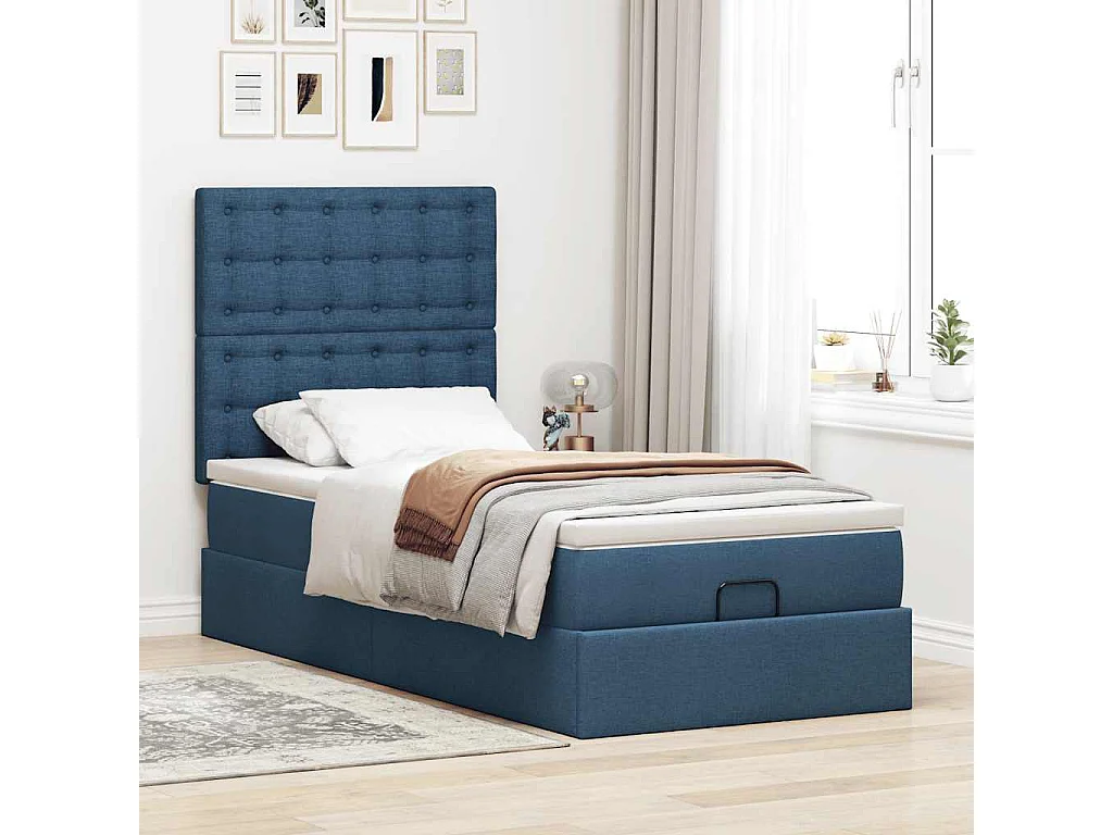 Cadre de lit ottoman avec matelas bleu 90x200 cm tissu