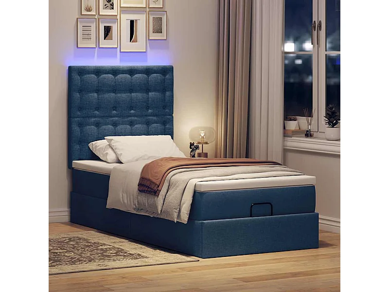 Cadre de lit ottoman avec matelas bleu 90x200 cm tissu