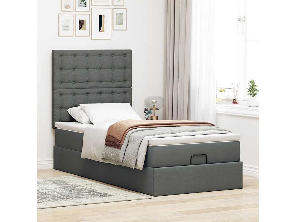 Cadre de lit ottoman avec matelas gris foncé 90x200 cm tissu