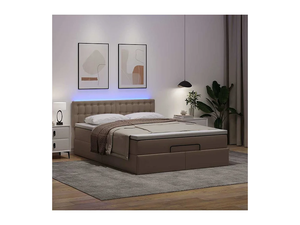 Cadre de lit ottoman et matelas cappuccino 140x200cm similicuir