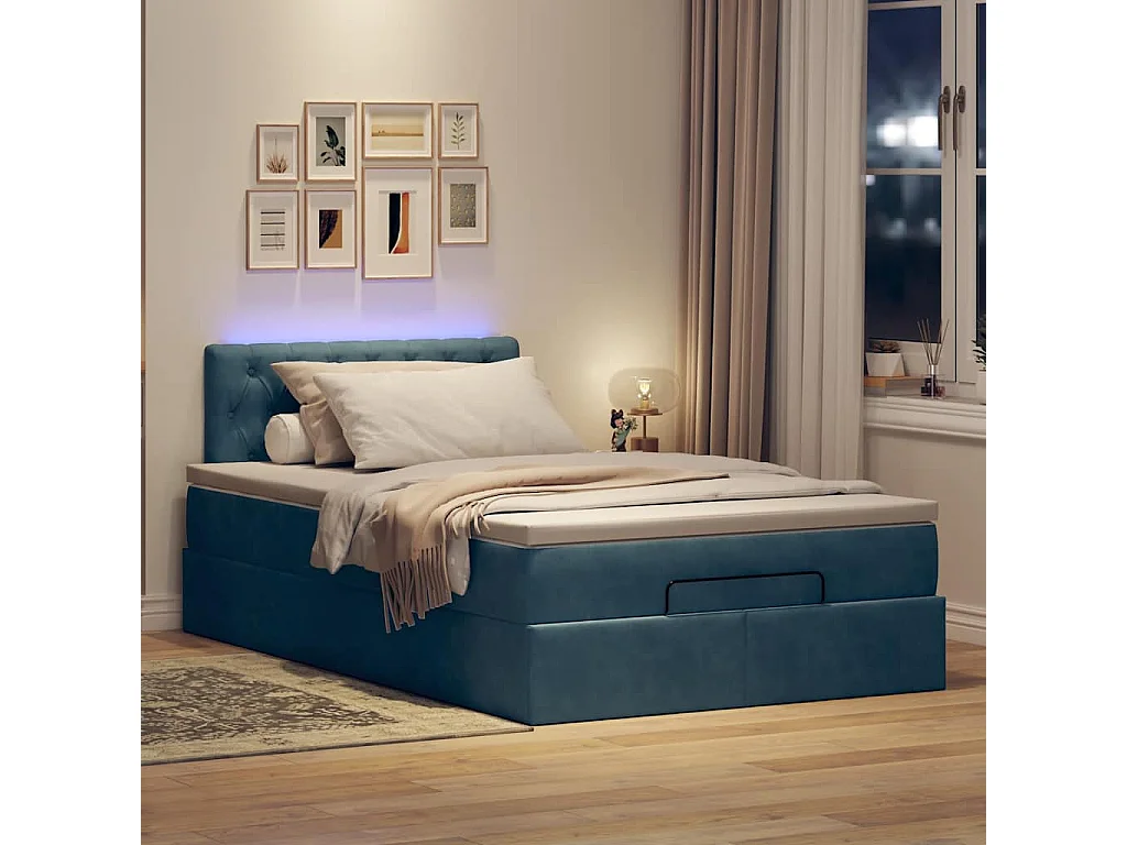Cadre de lit ottoman avec matelas bleu foncé 120x190 cm velours
