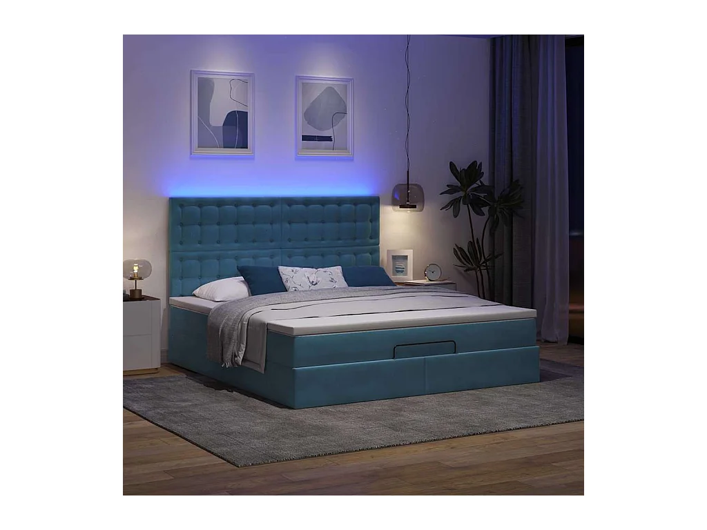 Cadre de lit ottoman avec matelas bleu foncé 180x200 cm velours