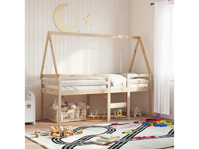 Cama alta con techo madera maciza de pino 90x190 cm