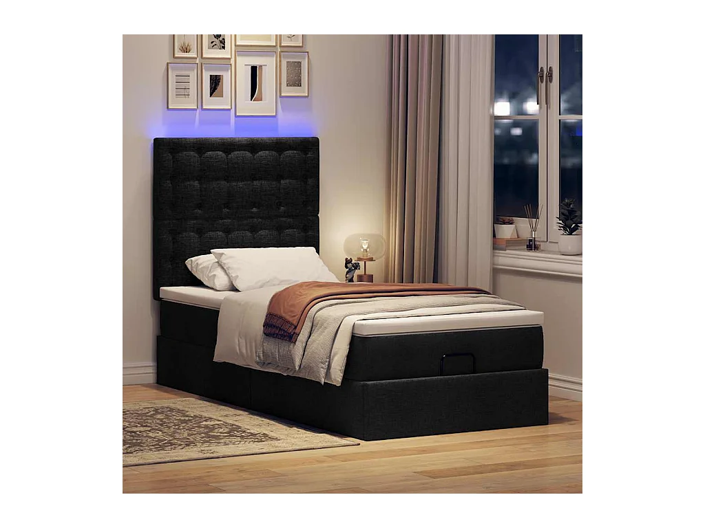 Cadre de lit ottoman avec matelas noir 90x190 cm tissu