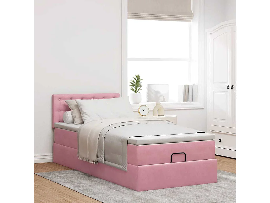 Cadre de lit ottoman avec matelas rose 90x200 cm velours