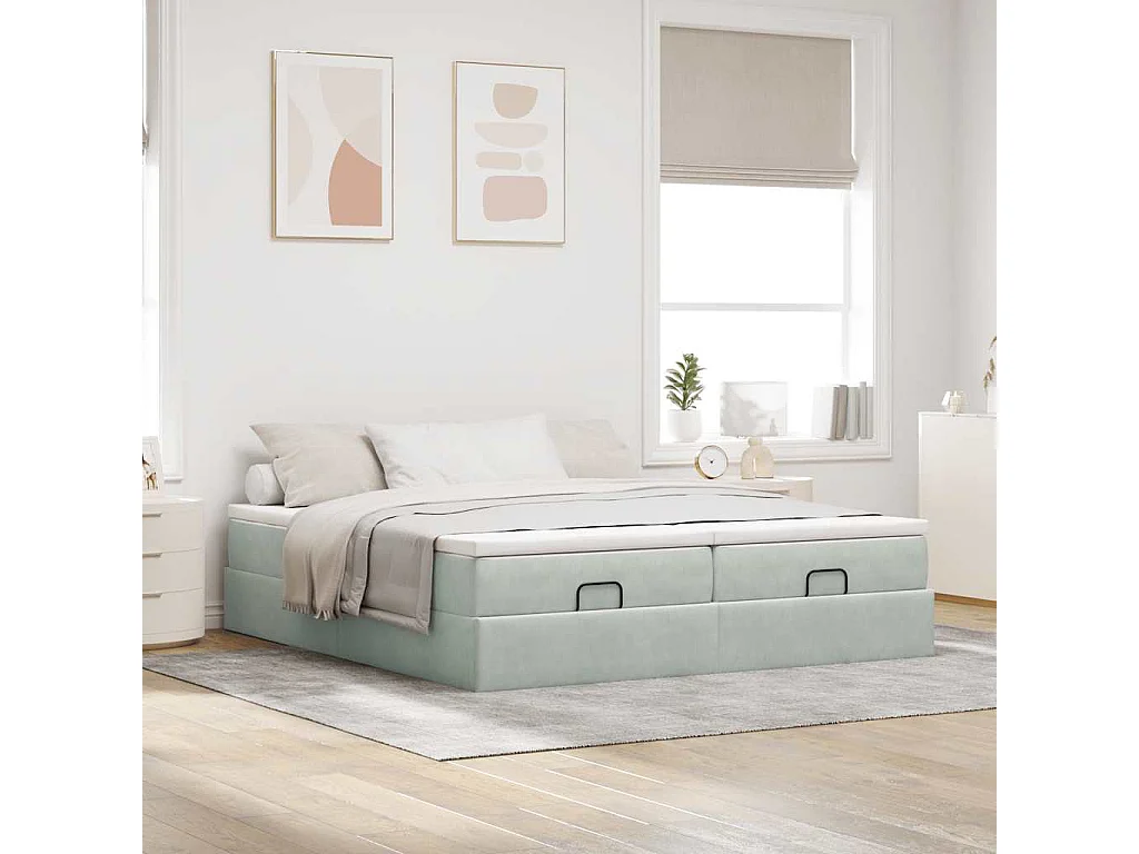 Cadre de lit ottoman et matelas gris clair 180x200cm velours