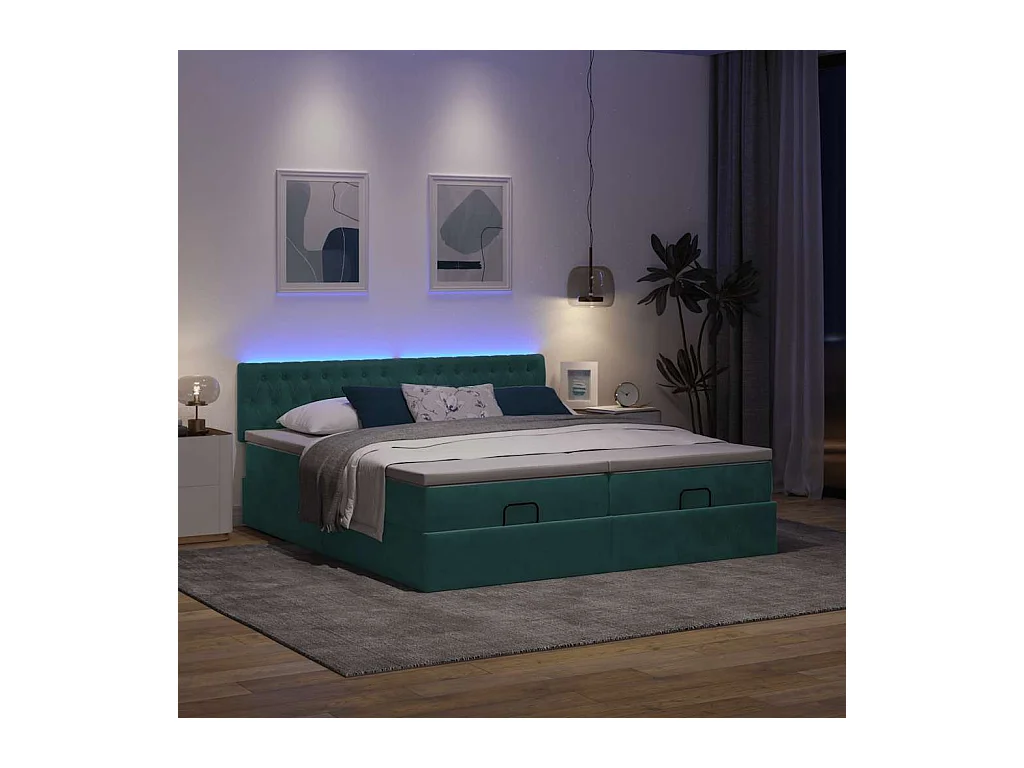 Cadre de lit ottoman avec matelas vert foncé 160x200 cm velours