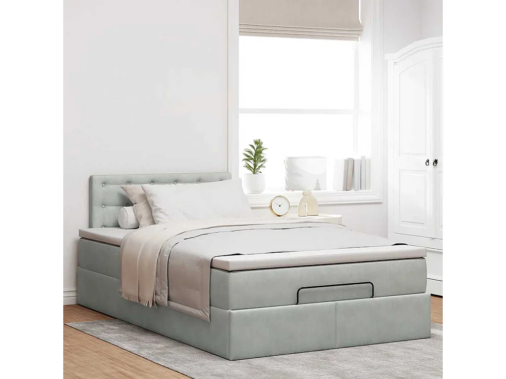 Cadre de lit ottoman avec matelas gris clair 120x190 cm velours