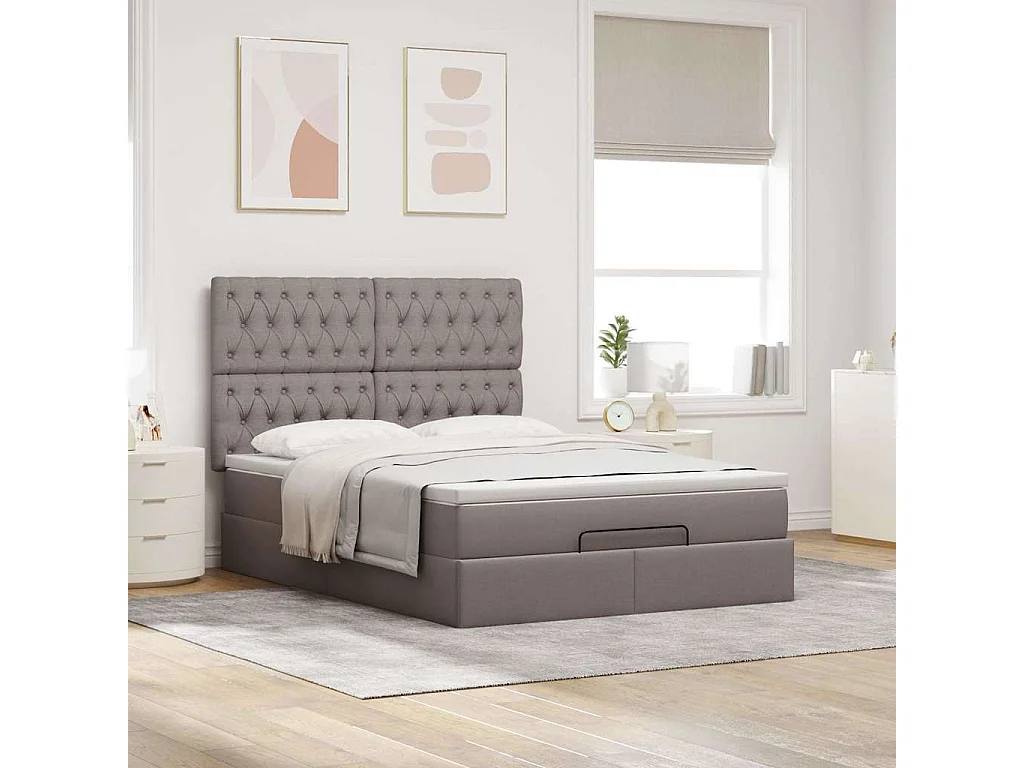 Cadre de lit ottoman avec matelas taupe 140x200 cm tissu