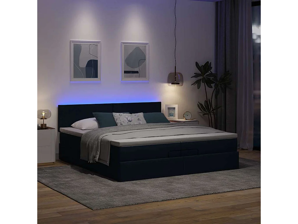 Cadre de lit ottoman avec matelas bleu 200x200cm tissu