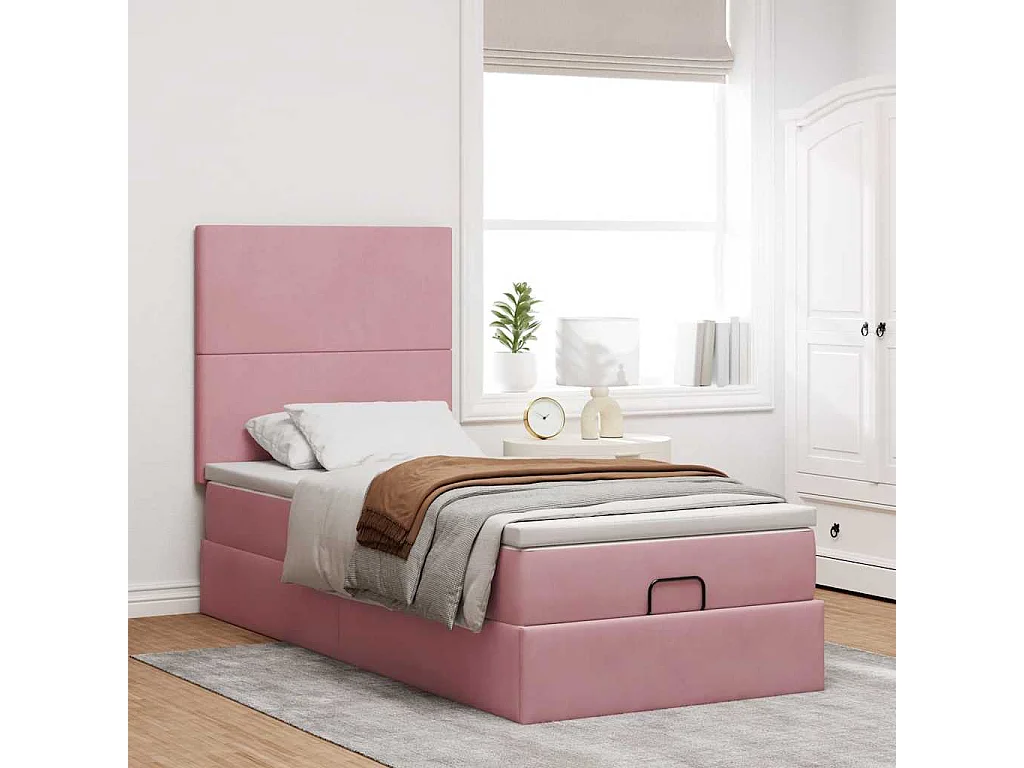 Cadre de lit ottoman avec matelas rose 100x200 cm velours