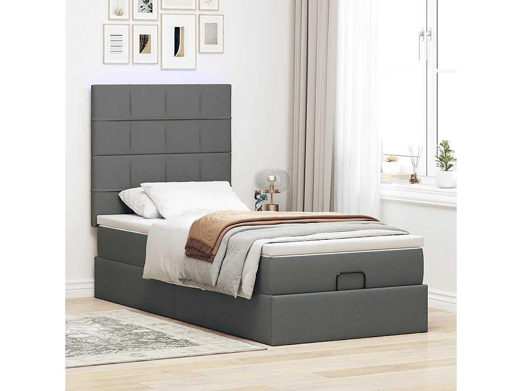 Cadre de lit ottoman avec matelas gris foncé 90x190 cm tissu