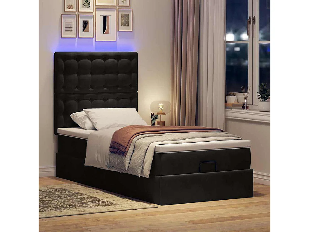 Cadre de lit ottoman avec matelas noir 90x200 cm velours