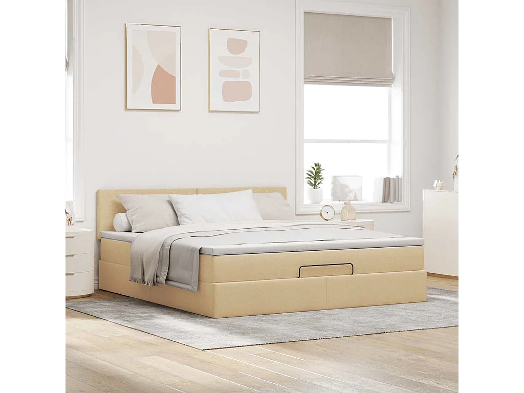 Cadre de lit ottoman avec matelas crème 160x200 cm tissu